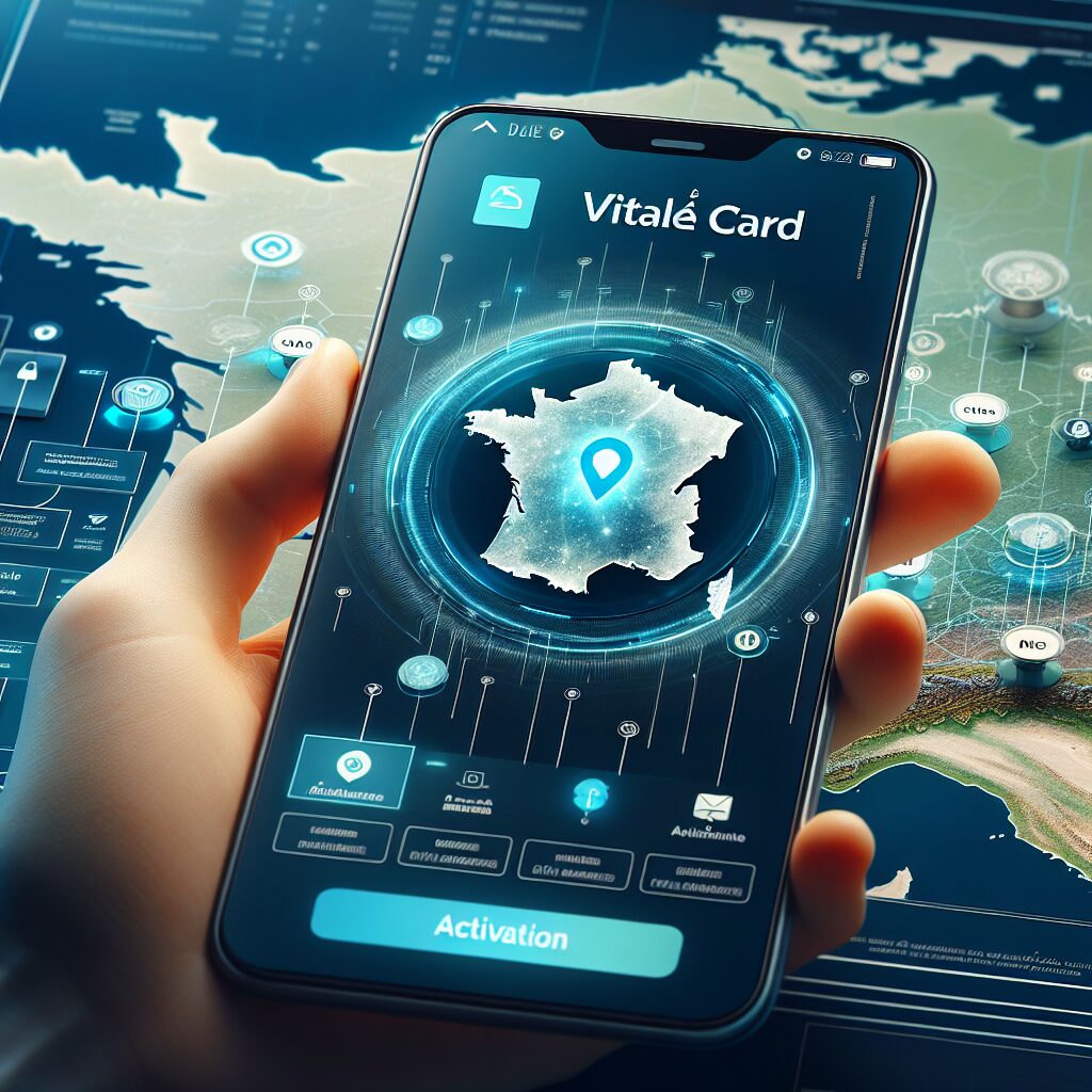 Un smartphone affichant l'application carte Vitale avec une carte de France en arrière-plan montrant les départements activés, design moderne et technologique, style réaliste.