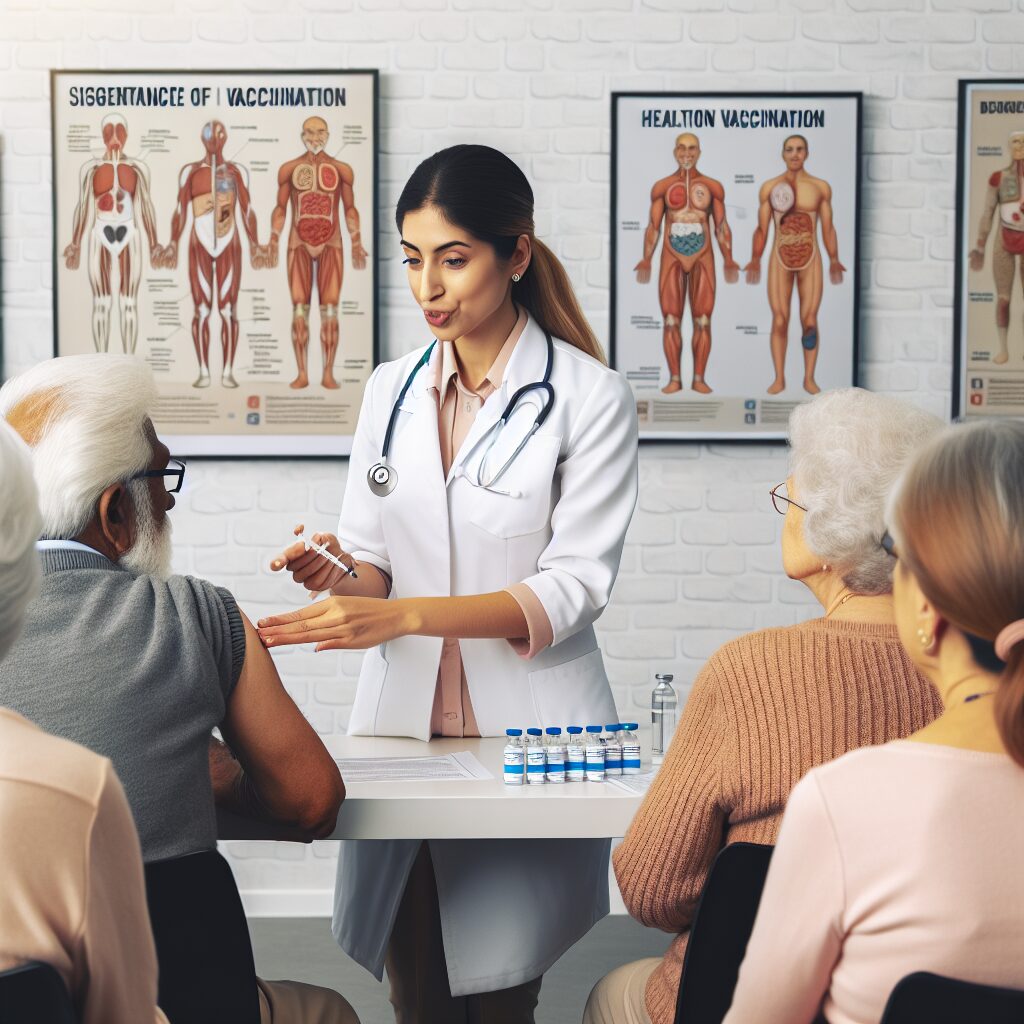 A diverse group of elderly people at a healthcare center receiving vaccinations, displaying a health professional explaining the importance of vaccination to seniors. Background elements include posters about health and prevention, showcasing a warm and educational environment.