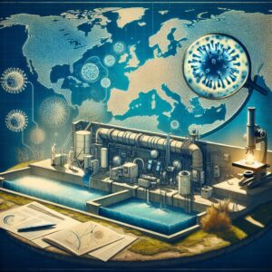 Image showing a wastewater treatment plant with a warning symbol, surrounded by a map of Europe highlighting affected areas; a microscope and poliovirus illustration in the background.