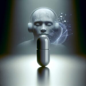 A futuristic depiction of a small, modern pill emerging from the shadows, with an abstract representation of a quietly sleeping person in the background, hinting at peaceful sleep without a mask. The composition should be calming and innovative, emphasizing a breakthrough in medical technology.