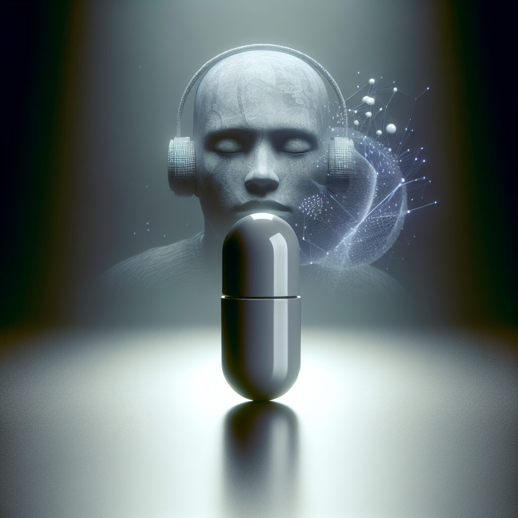 A futuristic depiction of a small, modern pill emerging from the shadows, with an abstract representation of a quietly sleeping person in the background, hinting at peaceful sleep without a mask. The composition should be calming and innovative, emphasizing a breakthrough in medical technology.