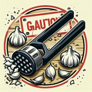 A detailed illustration of a black garlic press with a broken handle on a kitchen countertop, surrounded by garlic cloves, conveying a sense of caution and safety in a domestic kitchen setting.
