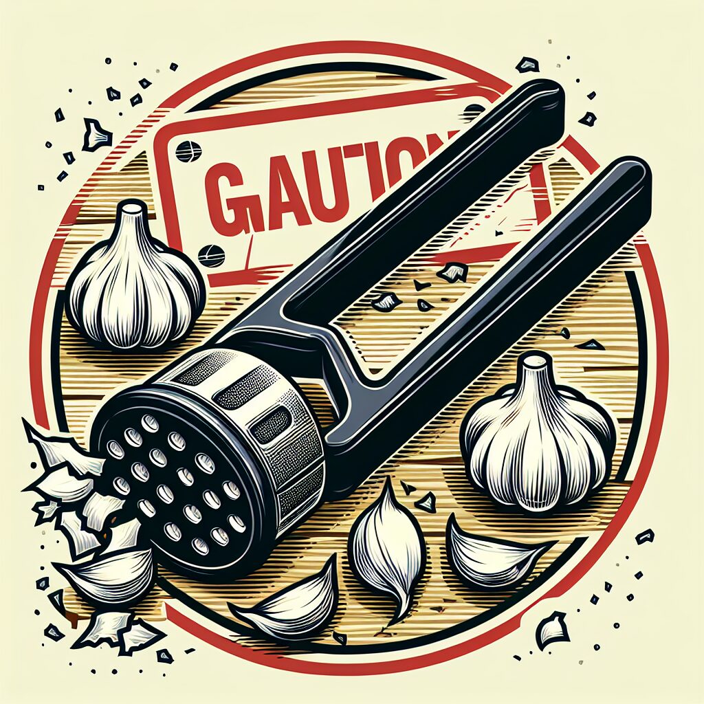 A detailed illustration of a black garlic press with a broken handle on a kitchen countertop, surrounded by garlic cloves, conveying a sense of caution and safety in a domestic kitchen setting.