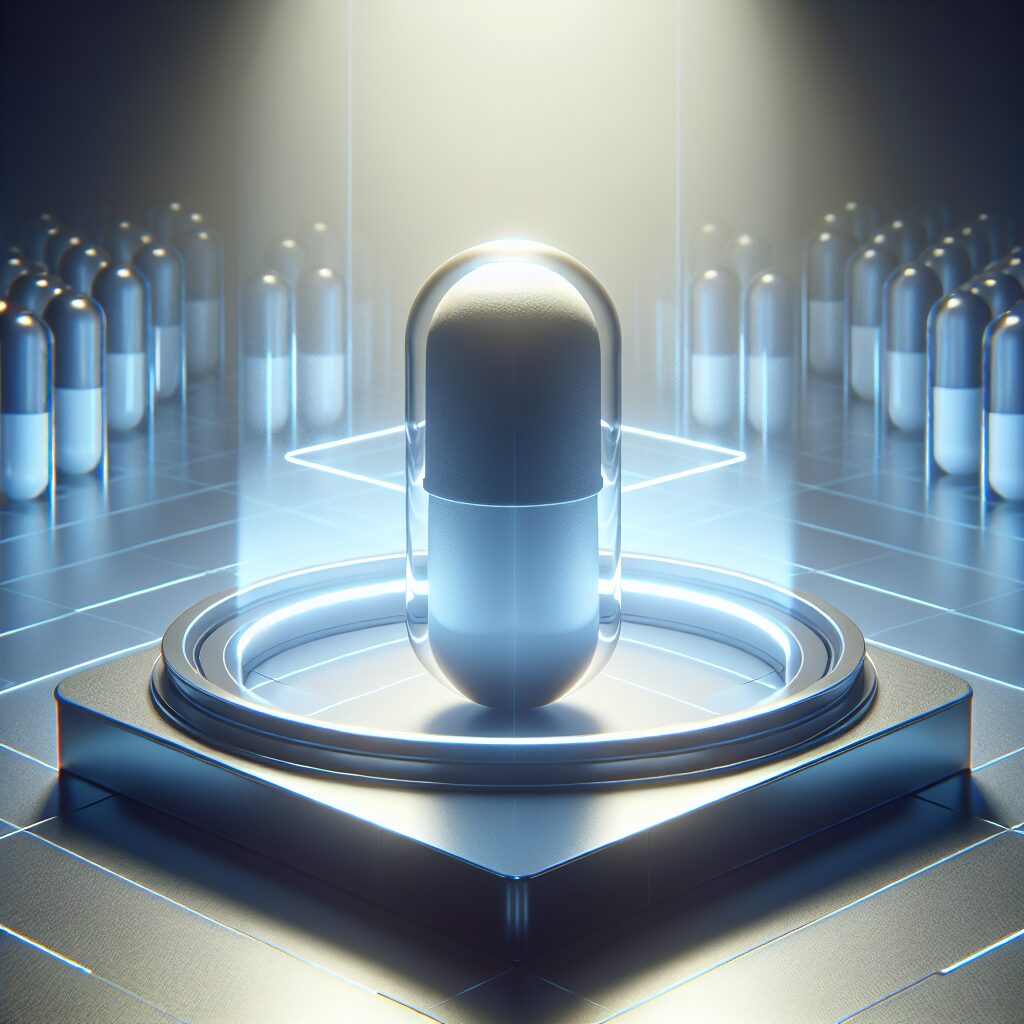 A futuristic capsule pill in a clinical setting, symbolizing a breakthrough in sleep apnea treatment, with soft thematic lighting.