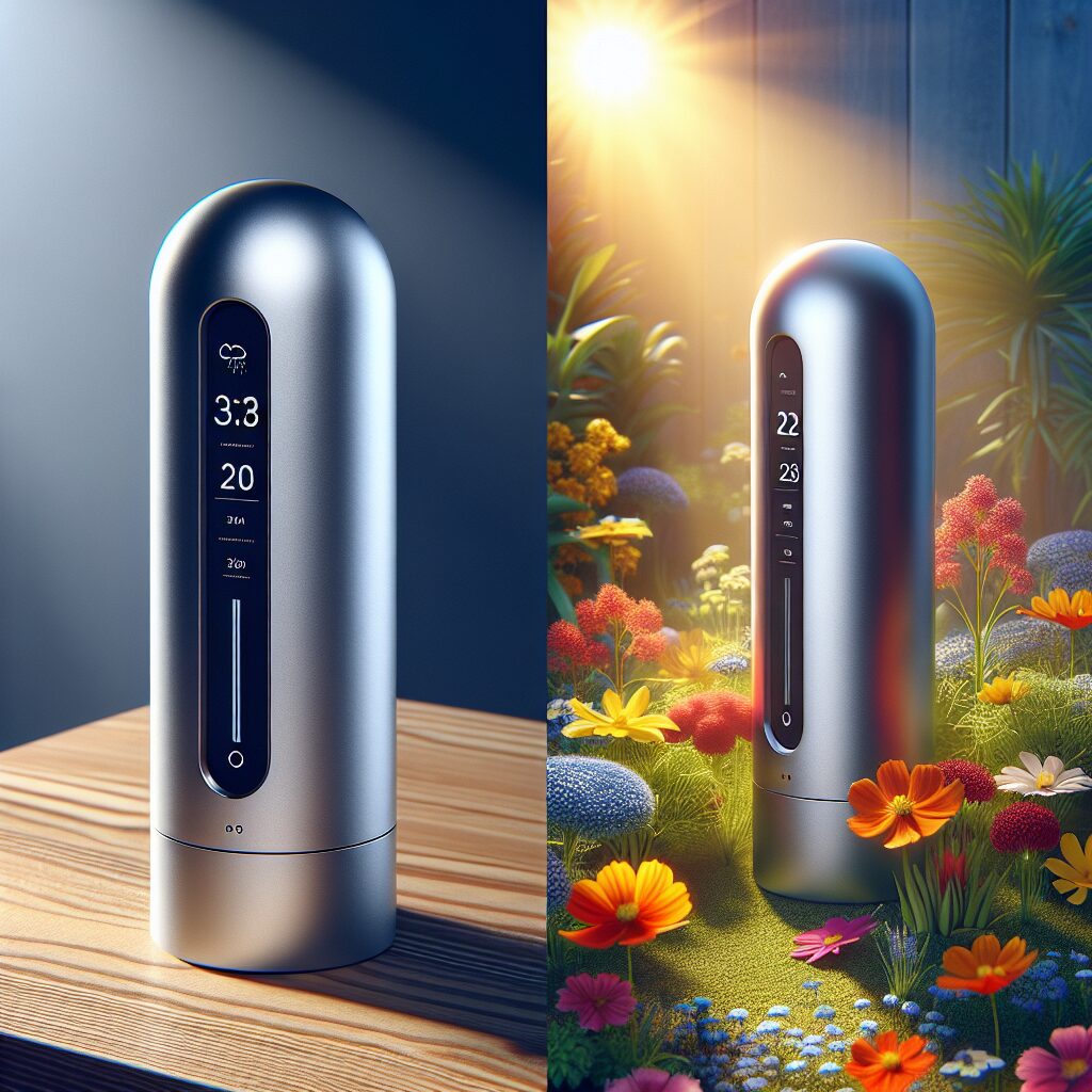 A sleek and modern weather station device by Netatmo, with a cylindrical shape and minimalist design. It is shown both indoors on a table and outdoors in a garden setting. The background features blooming flowers and a sunny day, illustrating a connection to nature and technology.