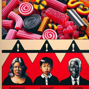 A detailed image of a variety of licorice candies with a red warning sign, emphasizing the potential health risks associated with excessive consumption, showing diverse audiences including pregnant women, children, and elderly individuals.