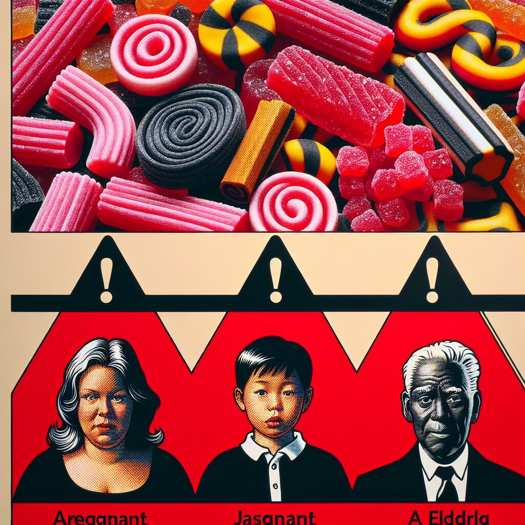 A detailed image of a variety of licorice candies with a red warning sign, emphasizing the potential health risks associated with excessive consumption, showing diverse audiences including pregnant women, children, and elderly individuals.