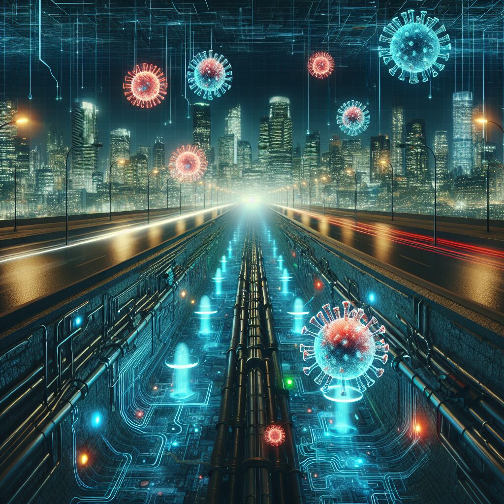 A futuristic cityscape with sewer systems in the foreground, fluorescent markers indicating the presence of a virus, and a subtle overlay of a virus shape symbolizing poliomyelitis. The image should convey a sense of scientific vigilance and technological monitoring.