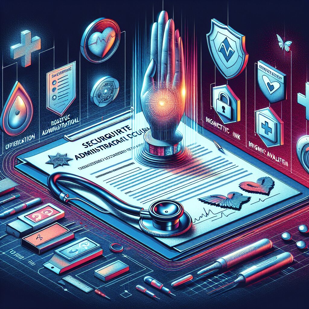 A detailed and informative illustration of a secure health document with holographic elements and magnetic ink, depicting a careful and secure administrative process within a medical and professional setting, with symbols of security and official approval.