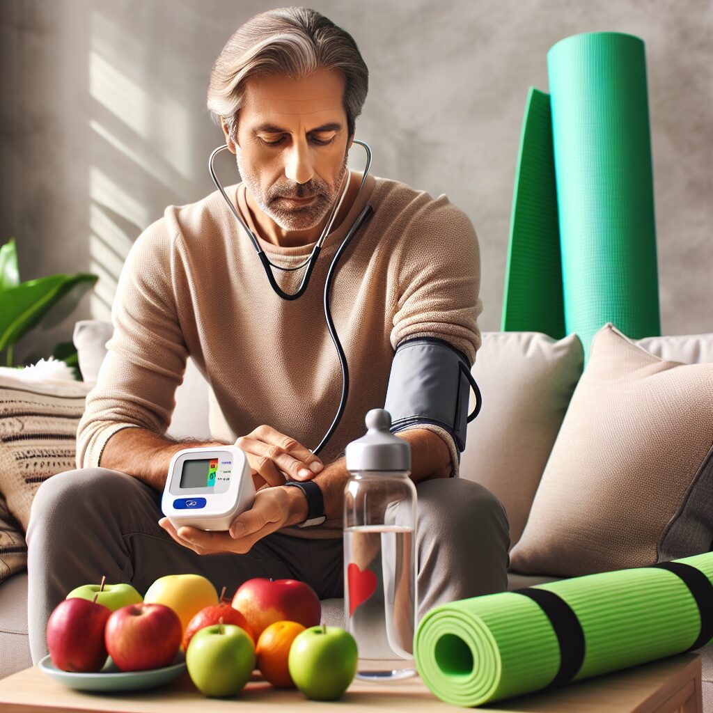 A middle-aged person sitting on a couch, checking their blood pressure with an electronic device, surrounded by health-conscious items like a water bottle, fresh fruits, and a yoga mat, symbolizing a healthy lifestyle.