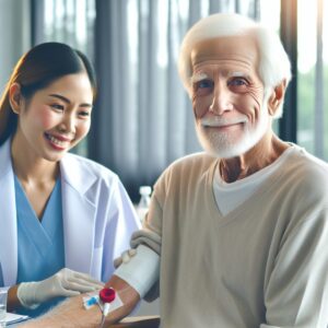 An elderly patient in a serene clinic setting, smiling while having a blood test, with a caregiver by their side, depicting hope and progress in Alzheimer diagnosis.