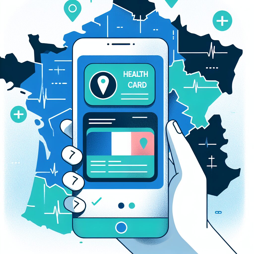 Illustration d'un smartphone montrant l'application carte Vitale à l'écran, avec une carte de France en arrière-plan mettant en évidence les départements concernés. Style moderne et technologique, avec des couleurs bleu et vert symbolisant la santé et la sécurité.