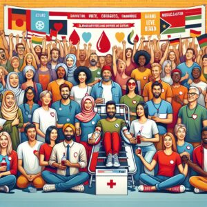 A diverse group of people, smiling and diverse in age, gender, and ethnicity, gathered around a blood donation area. They are happily engaging in the act of donating blood, with a backdrop of a large banner celebrating a blood donation campaign with bright, encouraging colors and messages of unity.