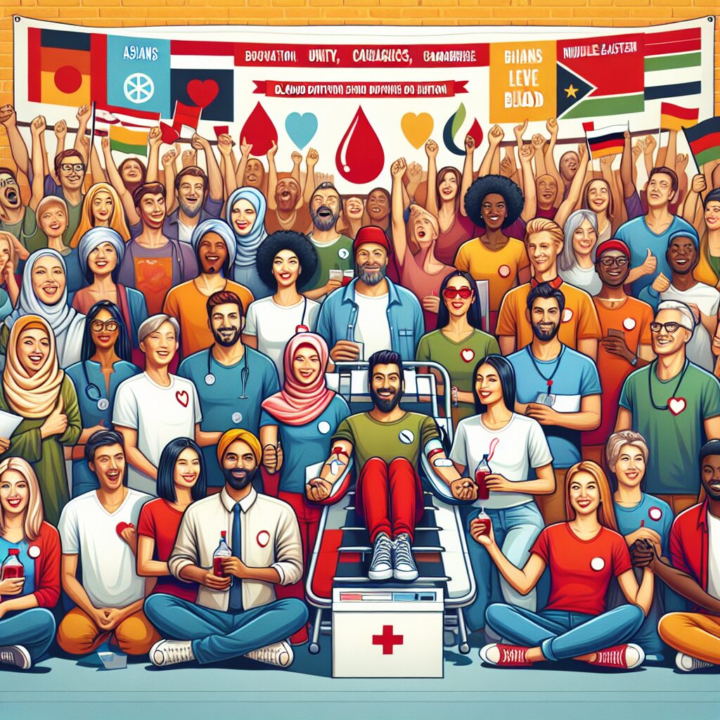 A diverse group of people, smiling and diverse in age, gender, and ethnicity, gathered around a blood donation area. They are happily engaging in the act of donating blood, with a backdrop of a large banner celebrating a blood donation campaign with bright, encouraging colors and messages of unity.