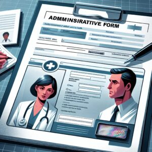Illustration d'un formulaire administratif avec des éléments sécurisés, tels qu'une étiquette holographique et de l'encre magnétique, montrant un médecin et un patient en arrière-plan pour représenter le contexte des arrêts de travail en santé.
