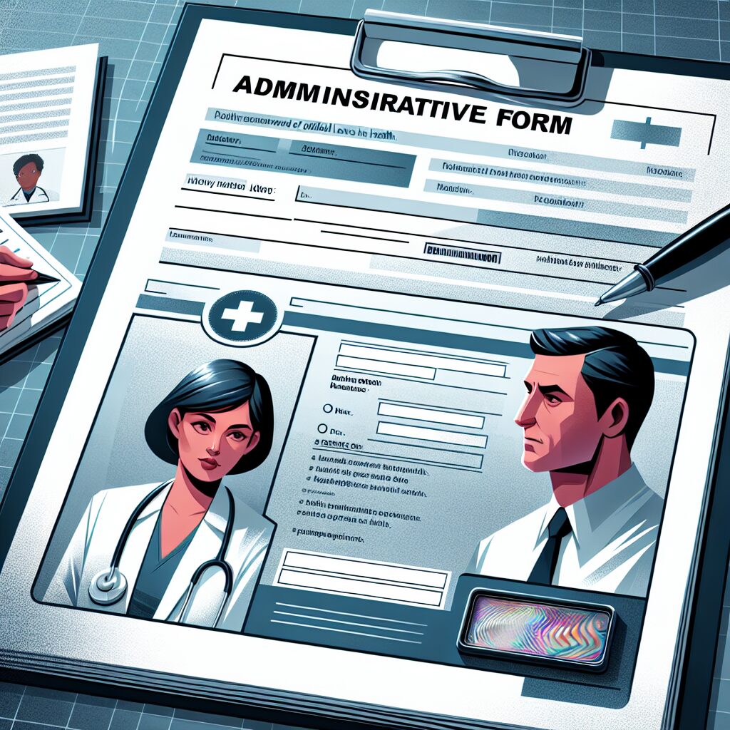 Illustration d'un formulaire administratif avec des éléments sécurisés, tels qu'une étiquette holographique et de l'encre magnétique, montrant un médecin et un patient en arrière-plan pour représenter le contexte des arrêts de travail en santé.