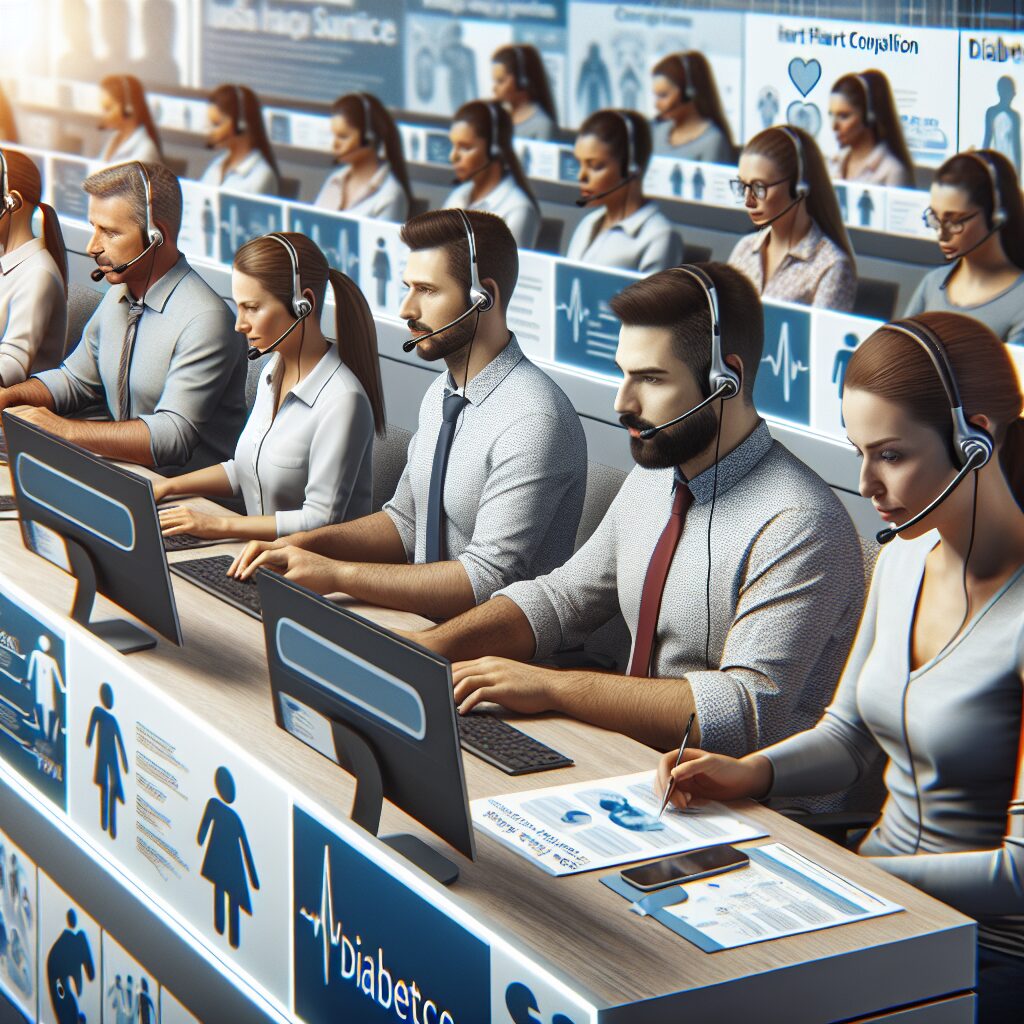 Une salle d'appel moderne avec des conseillers téléphoniques portant des casques, concentrés sur leurs écrans, des graphiques médicaux et des brochures sur le diabète et l’insuffisance cardiaque sur les bureaux, ambiance professionnelle et dynamique.