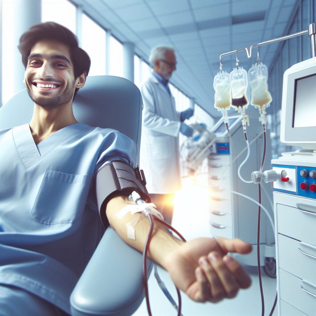 A French medical student happily donating plasma in a modern medical facility, with a focus on the machinery and the process of plasma donation. The setting is bright and encouraging, capturing the essence of community service and medical advancement.