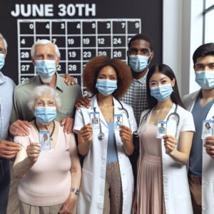 A diverse group of people, including elderly and healthcare professionals, wearing masks and holding vaccination cards in a healthcare setting, with a large calendar showing June 30th highlighted.