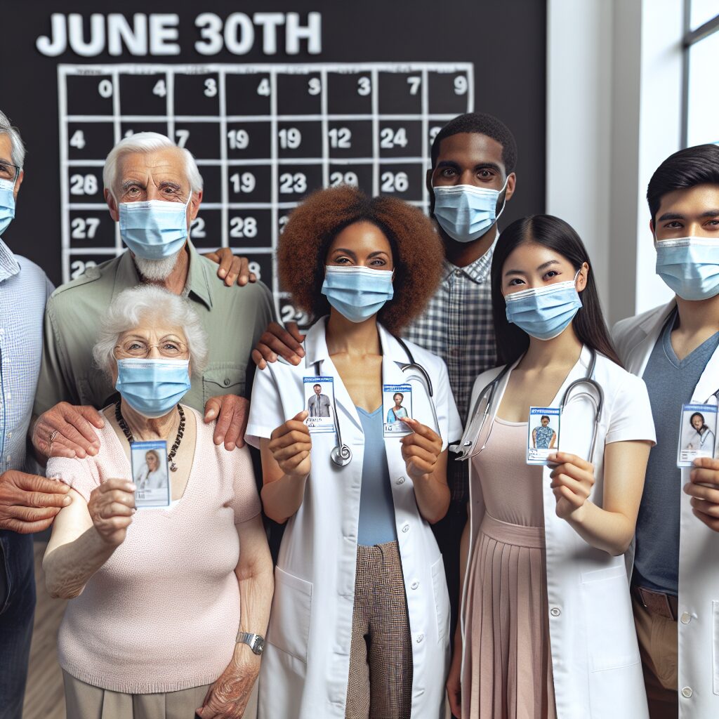 A diverse group of people, including elderly and healthcare professionals, wearing masks and holding vaccination cards in a healthcare setting, with a large calendar showing June 30th highlighted.