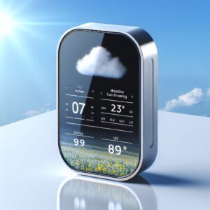 A modern and sleek weather station device with a digital interface displaying pollen and UV levels, set against a bright, clear sky, symbolizing innovation and health.