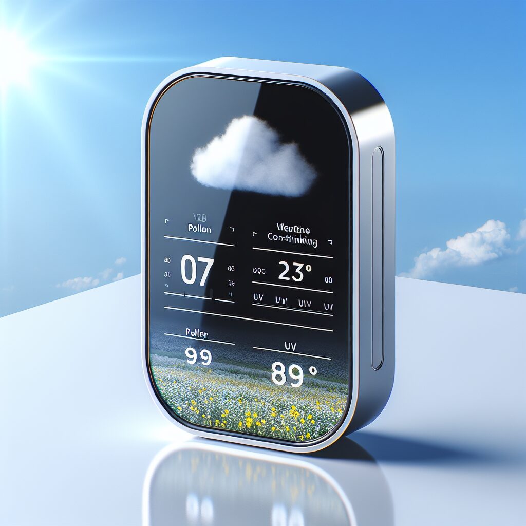 A modern and sleek weather station device with a digital interface displaying pollen and UV levels, set against a bright, clear sky, symbolizing innovation and health.