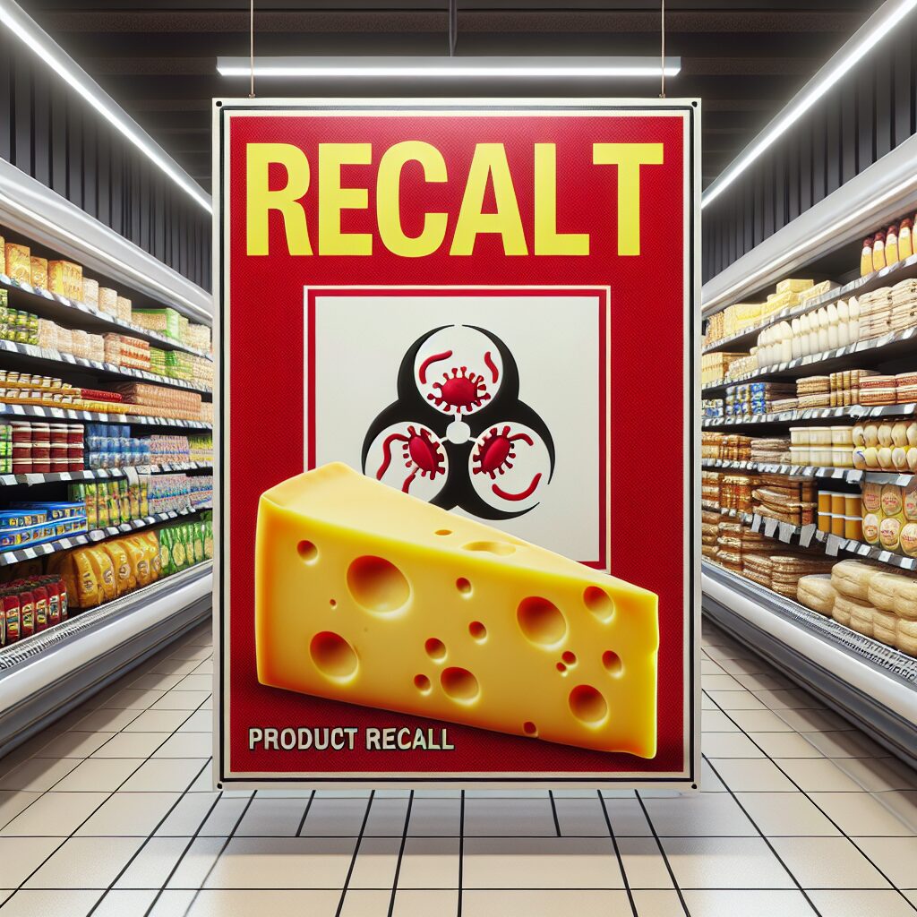 A detailed and alarming image showing a package of cheese with a 'product recall' sign, along with a bacteria icon symbolizing Listeria contamination, placed in a supermarket setting.