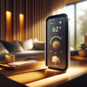 A modern, sleek Netatmo weather station in a stylish interior, showcasing pollen and UV forecast features on a smartphone app display, bright sunlight streaming through nearby window, with an emphasis on technology and comfort.