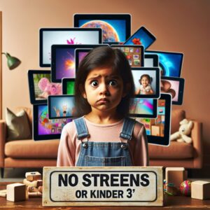 A depiction of a young child surrounded by electronic screens, looking puzzled and overwhelmed, with a clear sign indicating 'No Screens for Kids Under 3'. The setting is a cozy and modern living room, reflecting a typical home environment.