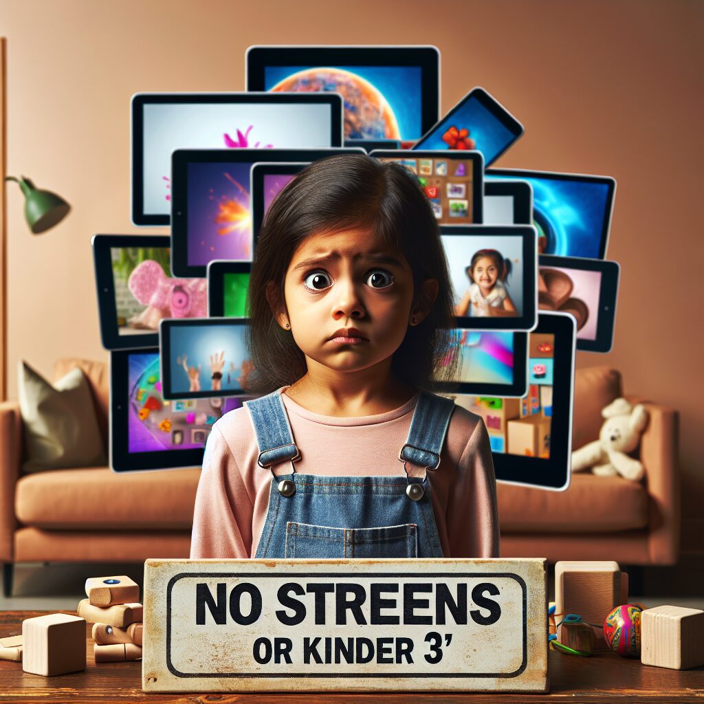 A depiction of a young child surrounded by electronic screens, looking puzzled and overwhelmed, with a clear sign indicating 'No Screens for Kids Under 3'. The setting is a cozy and modern living room, reflecting a typical home environment.