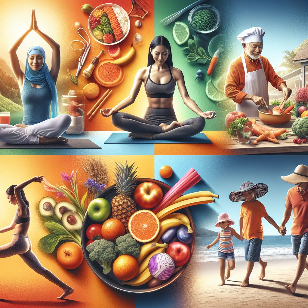 An inspiring image depicting healthy lifestyle choices such as exercising, eating a balanced diet, or protecting oneself from sun exposure, symbolizing cancer prevention.
