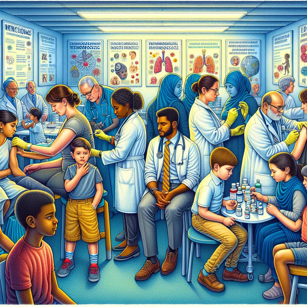 A detailed illustration showing a healthcare setting with doctors and nurses administering vaccines to children and young adults, against the backdrop of a clinic with informational posters on meningococcal prevention. The image should convey a sense of urgency and community health action in a modern medical facility.