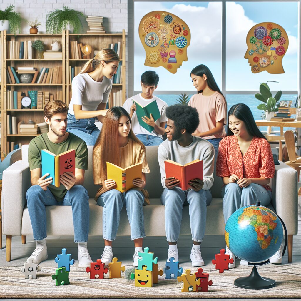 A diverse group of young people in a modern educational setting engaging in activities that build psychosocial skills, surrounded by symbolic elements of emotional, cognitive, and social learning, with a backdrop representing a collaborative and nurturing environment.