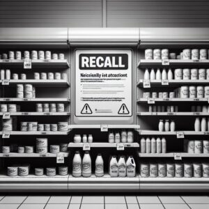 A monochrome image of a supermarket shelf with a missing product space, emphasizing a recall situation with warning signs and an official recall notice prominently displayed.