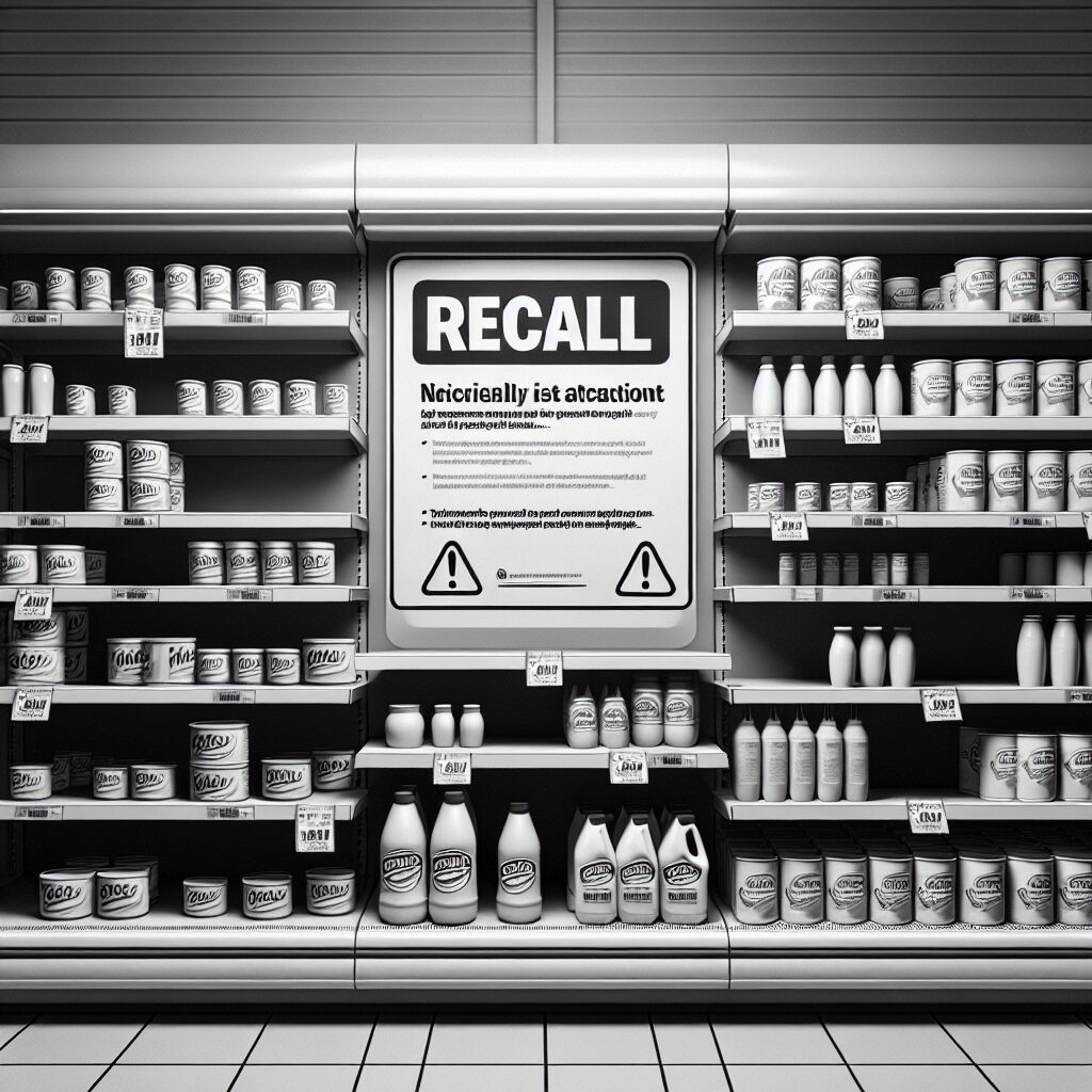 A monochrome image of a supermarket shelf with a missing product space, emphasizing a recall situation with warning signs and an official recall notice prominently displayed.