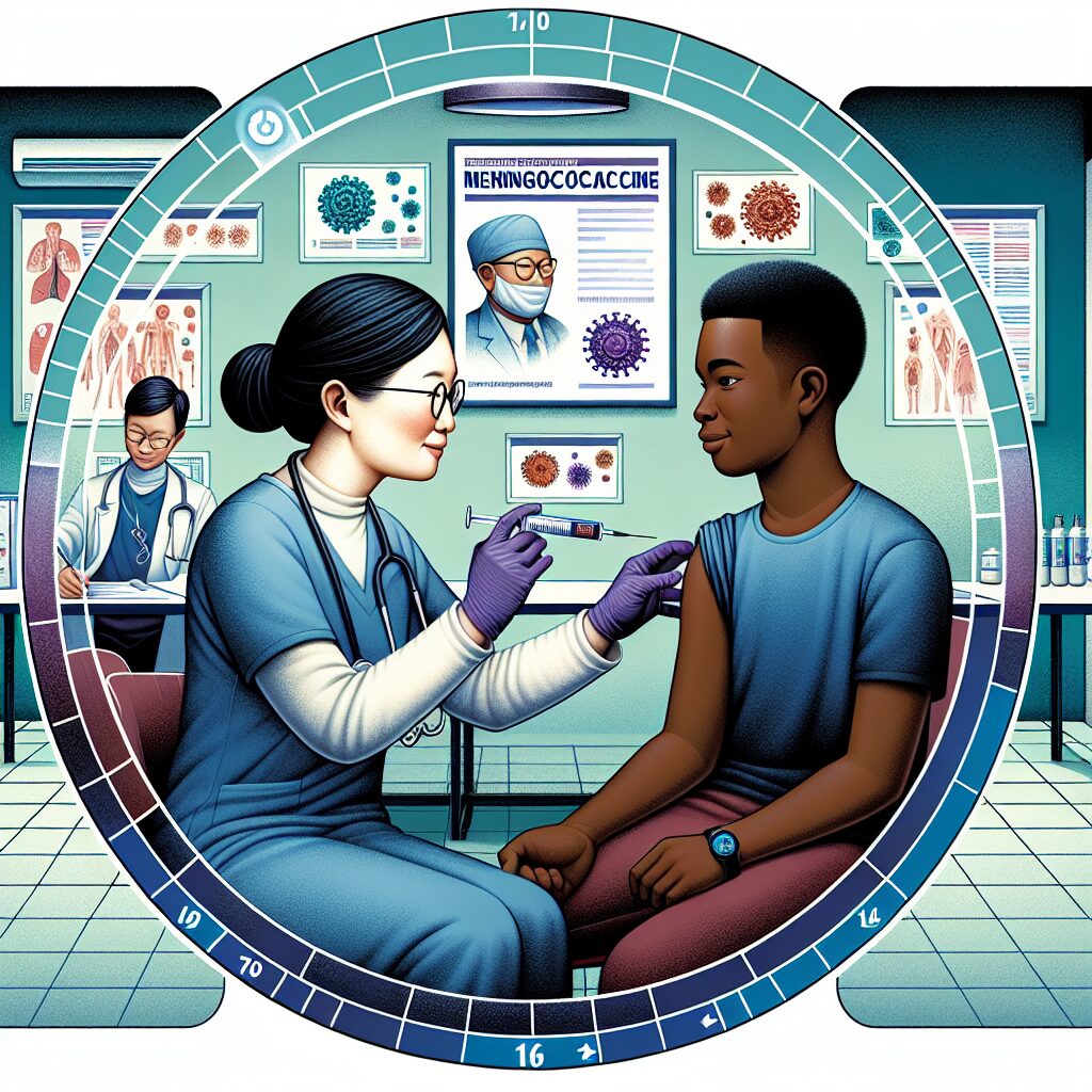 A detailed illustration of a healthcare professional administering a meningococcal vaccine to a young adult in a modern clinic setting. The background should include medical charts and a poster about meningococcal disease awareness, with a focus on a caring and professional atmosphere.