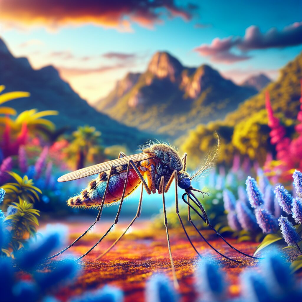 Aedes mosquito in a natural setting in Occitania, France, representing the spread of chikungunya, with a vibrant but cautionary tone, highlighting the mosquito's details and its environment.
