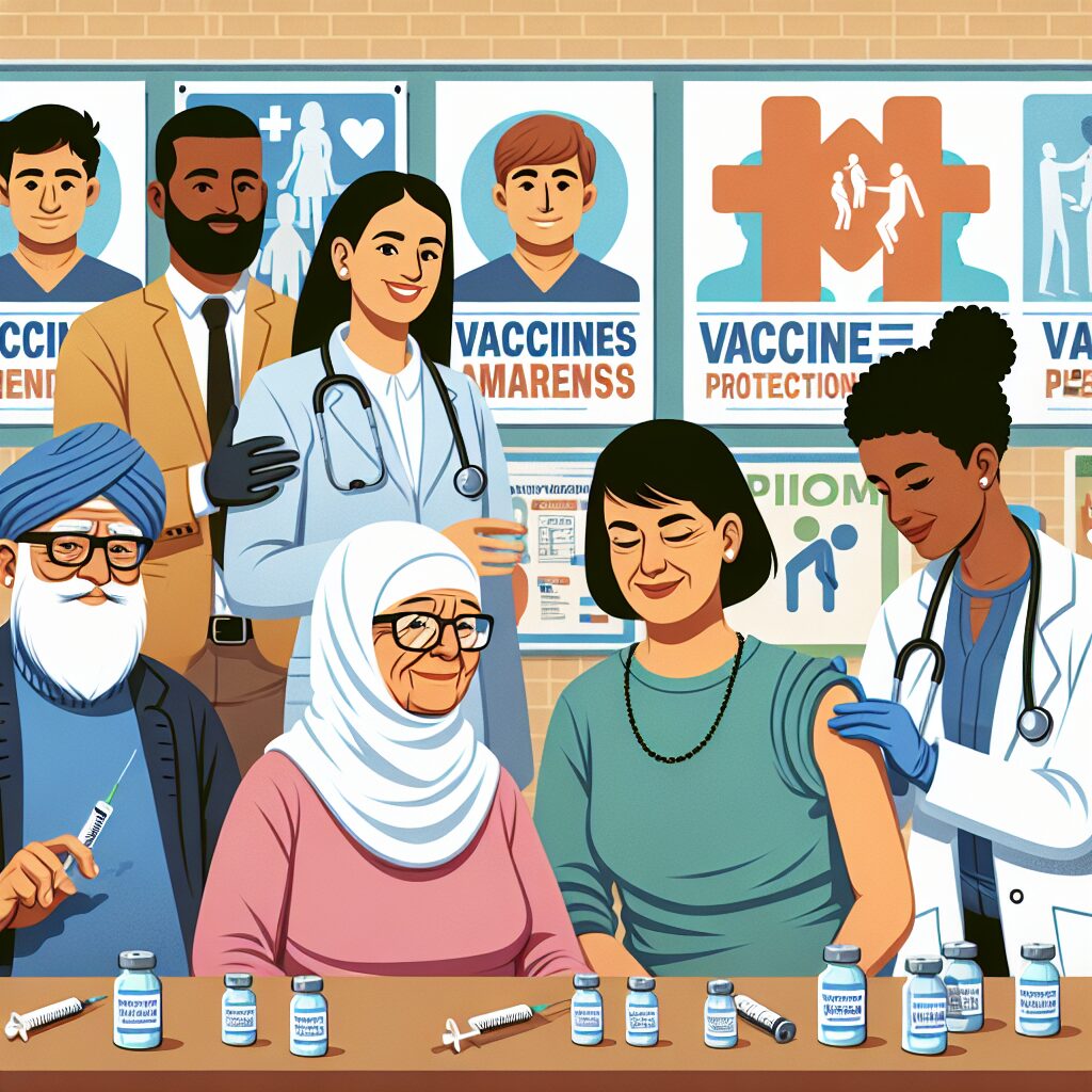 An informative and engaging illustration showing diverse people of all ages participating in vaccination awareness activities, with a focus on elderly individuals receiving vaccines. The setting includes a community health center with posters about vaccine protection.