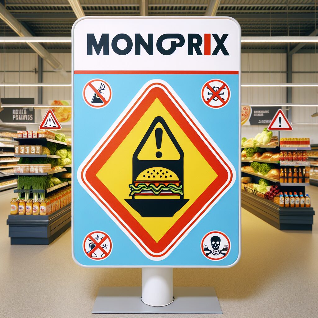 Image d'une enseigne Monoprix avec un plat cuisiné notablement mis en avant, entouré de symboles de danger sanitaire, pour illustrer une alerte concernant un produit alimentaire dangereux.