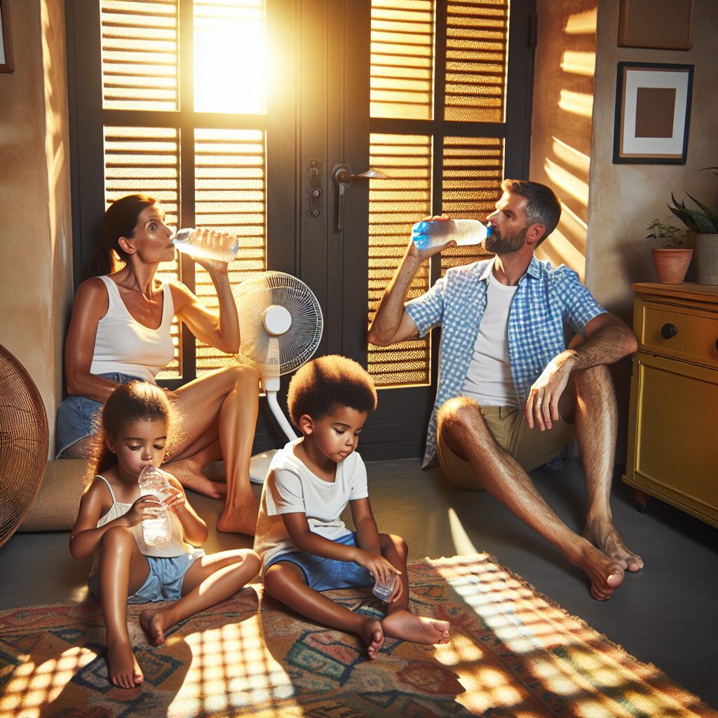 A family staying cool inside their home during a heatwave, using fans and drinking water, sunlight streaming through closed blinds, illustrating a warm, relaxed atmosphere inside safe from outside heat.