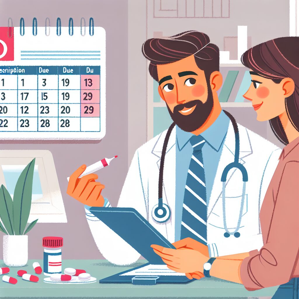 Illustration d'un médecin en consultation avec un patient, discutant des nouvelles règles de prescription pour les traitements de l'épilepsie, avec un calendrier affichant la date limite du 30 juin.
