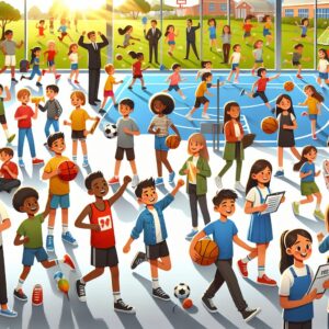 A diverse group of people engaging in various sports activities at a community center, some indoors and others outdoors. Include people of all ages, with some holding medical certificates and others consulting a smartphone or paperwork, showcasing a blend of sports and administrative tasks.