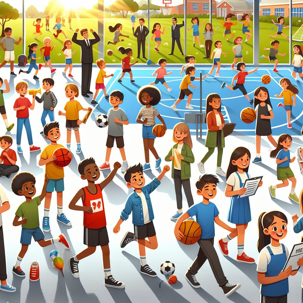A diverse group of people engaging in various sports activities at a community center, some indoors and others outdoors. Include people of all ages, with some holding medical certificates and others consulting a smartphone or paperwork, showcasing a blend of sports and administrative tasks.