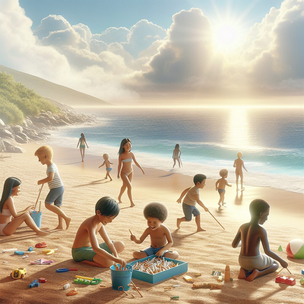 A serene beach scene with children playing nearby, devoid of any cigarette smoke, symbolizing the new smoking ban in public areas. The atmosphere should be bright, sunny, and family-friendly, emphasizing a clean and healthy environment.