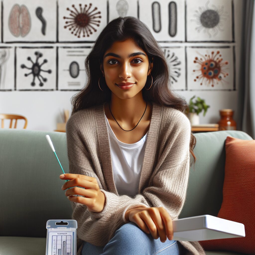 Young women in a home setting, holding a medical swab and a testing kit, looking confident and informed. The background shows a comforting home environment with medical diagrams of bacteria like Chlamydia and Gonococcus subtly displayed.