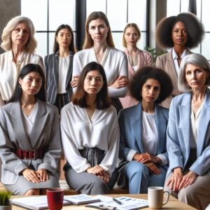 A diverse group of professional women in an office setting, some showing discomfort, highlighting the challenges of menopause in the workplace. The atmosphere should convey a supportive and understanding environment.
