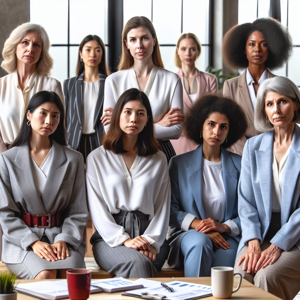 A diverse group of professional women in an office setting, some showing discomfort, highlighting the challenges of menopause in the workplace. The atmosphere should convey a supportive and understanding environment.