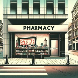 An illustrative image showing a closed pharmacy with a 'strike' sign, in a city setting, during daytime. The mood is tense, capturing the social impact of the strike on public health services.