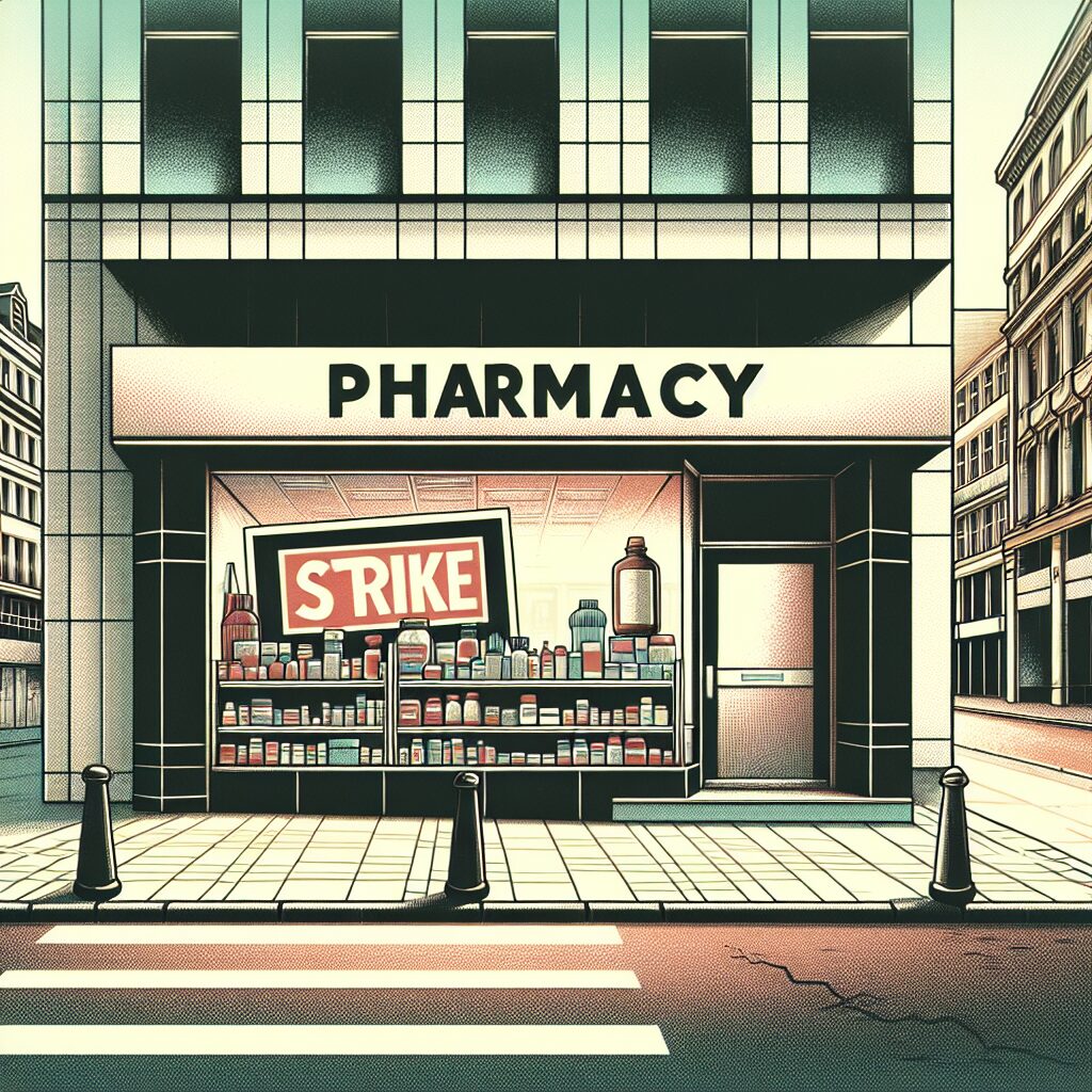 An illustrative image showing a closed pharmacy with a 'strike' sign, in a city setting, during daytime. The mood is tense, capturing the social impact of the strike on public health services.