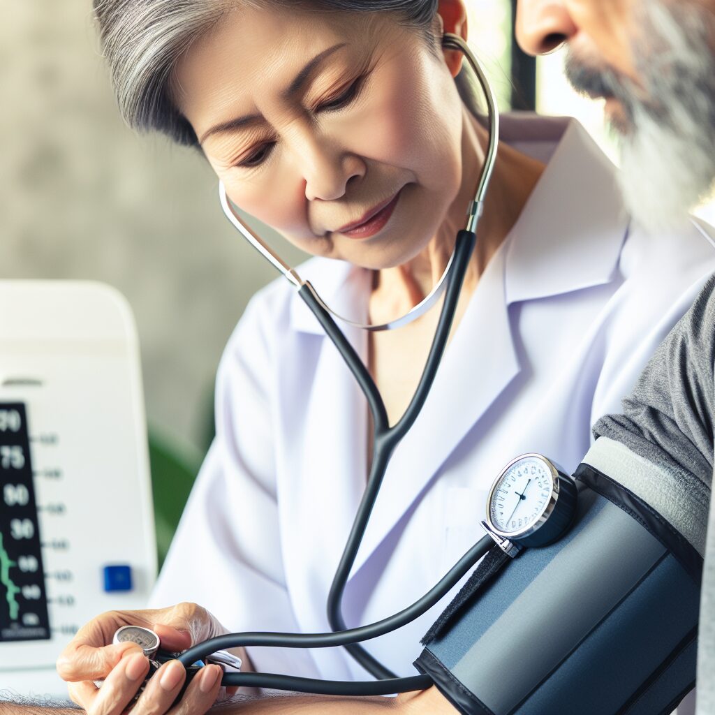 A medical professional measuring blood pressure of a middle-aged person in a bright clinic setting, focus on the blood pressure cuff and gauge, representing healthcare and prevention of hypertension.